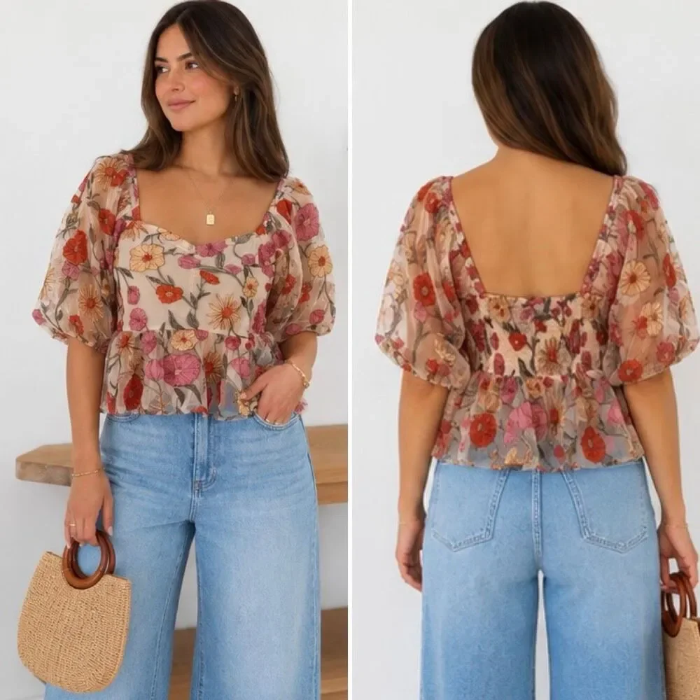 Saltwater Luxe Floral Embroidered Cropped Peplum Top in Beige Multi Size L